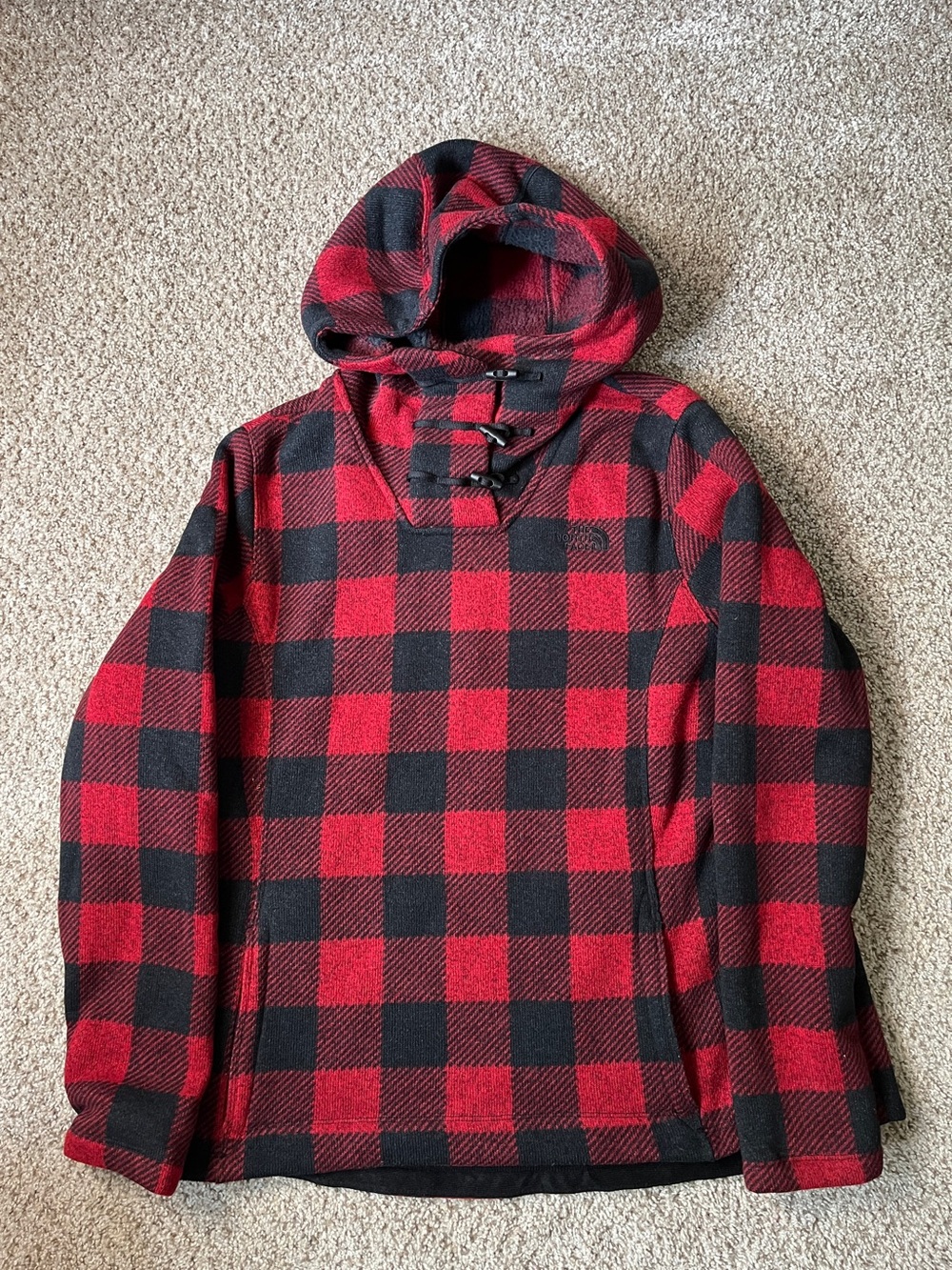 The North Face Red and Black Buffalo Plaid Hooded Pullover